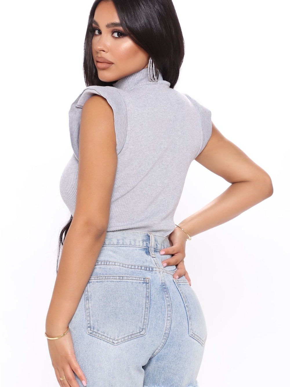 Fashion Nova Ribbed Sleeveless Gris Gray Bodysuit - Size Medium - Picture 2 of 6